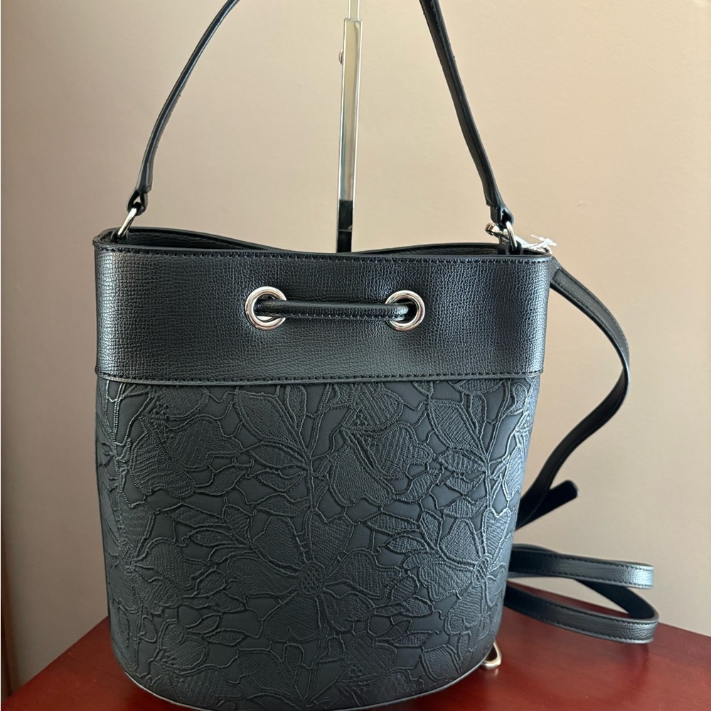 Karl Lagerfeld NWT Paris Black Lace Embossed Adele Bucket Bag - Picture 9 of 16